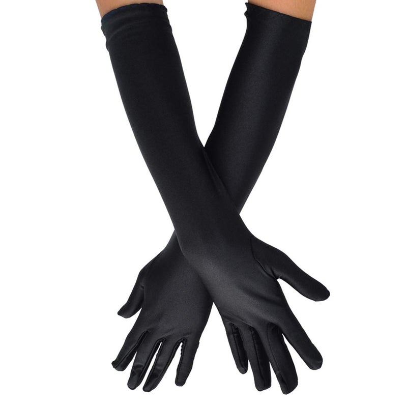 Wobe Long Opera Party 20s Satin Gloves Stretchy Adult Size Elbow Length Wedding Black - Image 1